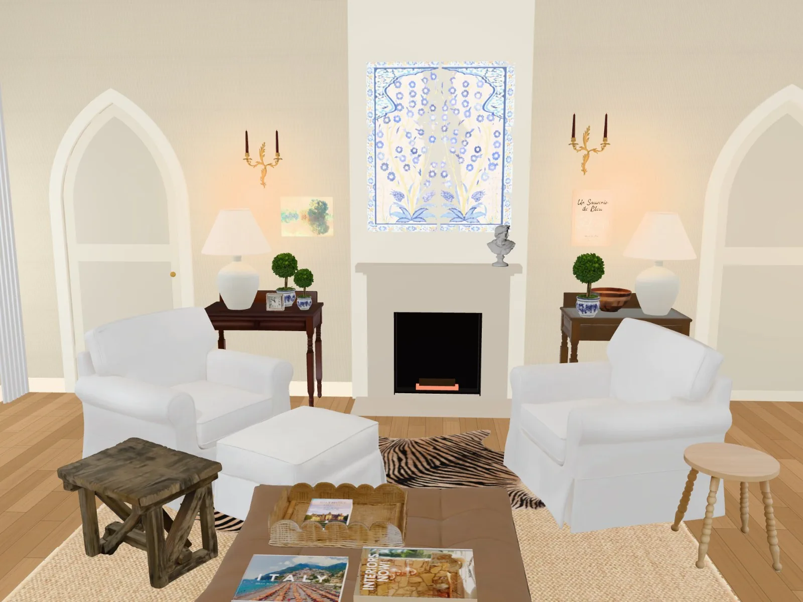 A living room by day: two white slipcovered armchairs either side of a fireplace, blue-and-white tile panels over the mantel