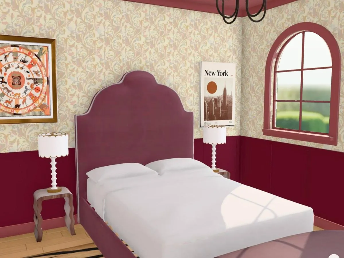 A bedroom in daylight: a plum velvet bed against acanthus wallpaper over burgundy panelling, an arched window onto hills